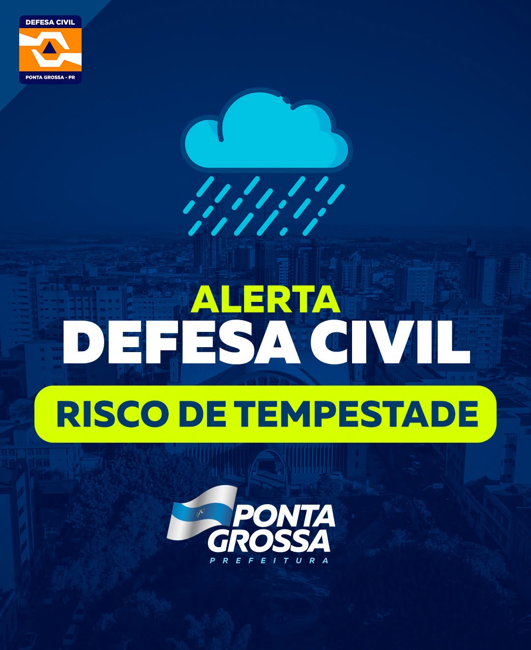 Defesa Civil de Ponta Grossa alerta sobre a possibilidade de fortes chuvas e ventos nas próximas horas.